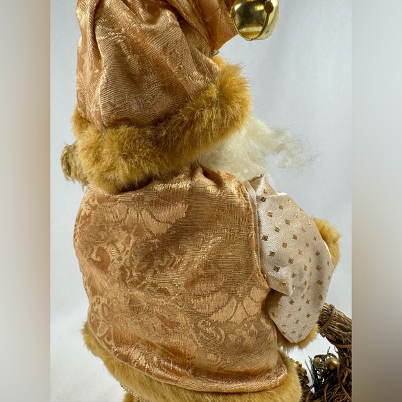 Golden Santa Claus Standing 12 Inches With Teddy Bear & Wreath. Satin Jacquard - Picture 6 of 9